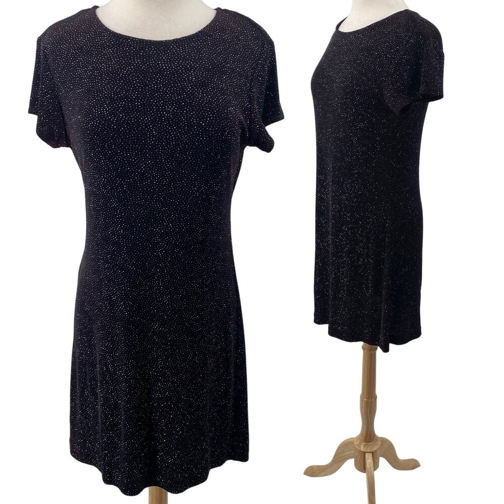 Vintage 90s Betsy & Adam Mini Dress Sparkle Stretch Knit Black Silver NEW Medium